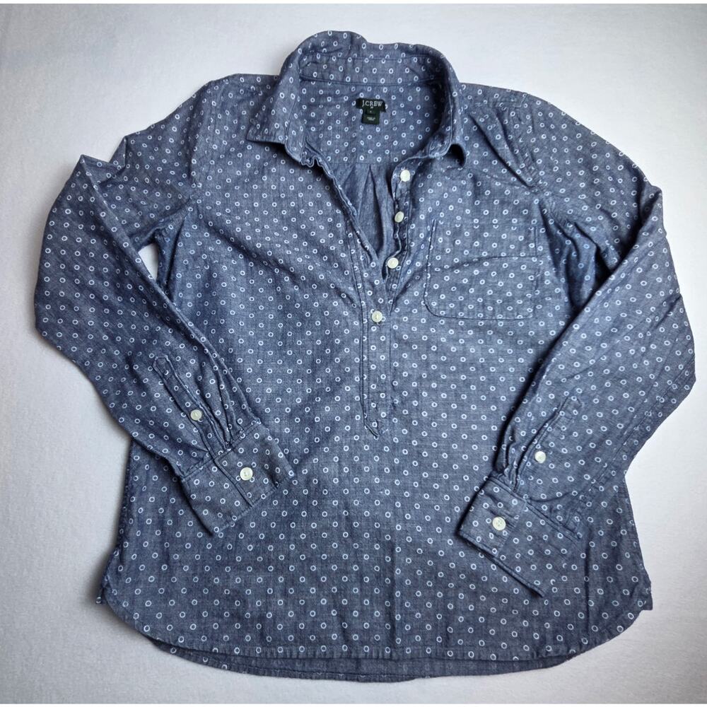 J.Crew Indigo Blue Chambray Popover Blouse With Front Pocket Size Small